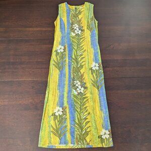 Jams World Womens M Lava Lei Yellow Floral Maxi Dress Crinkle Resortwear Hawaii